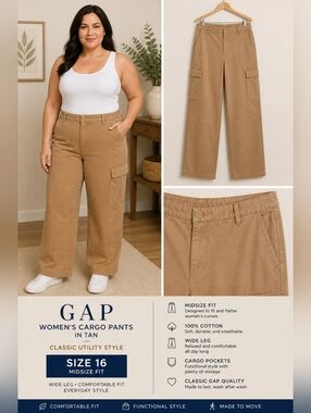 Women's Gap Cargo Pants in Tan - Classic Utility Style Wide Leg Size 16 New